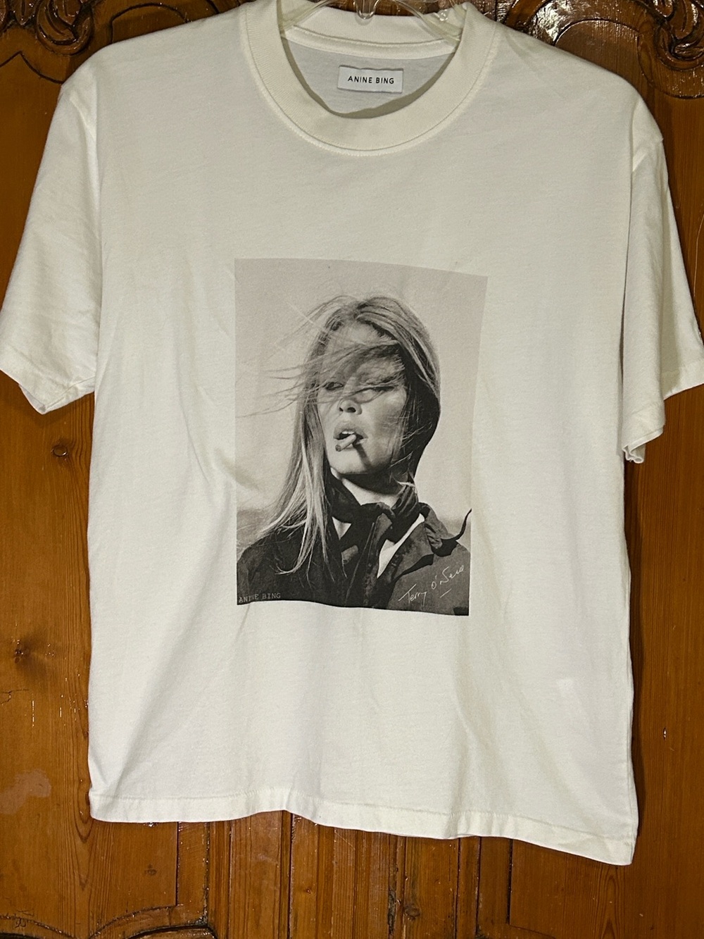 Anine Bing White Tee with Brigitte Bardot Smoking Graphic. XS